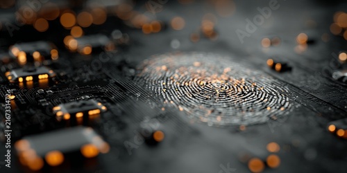 Obraz na płótnie Digital fingerprint glowing on futuristic circuit board representing biometric security, identity verification and data protection technology