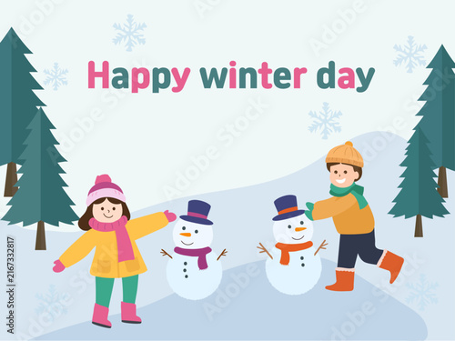 Happy Kids Making a Snowman on a Winter Day