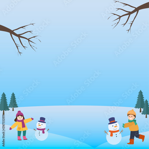 Happy Kids Making a Snowman on a Winter Day