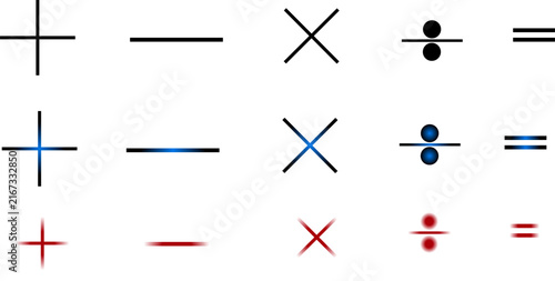 Fotografie Set of colorful glowing mathematical operator symbols including addition subtrac