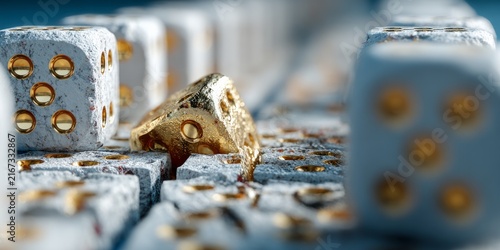 Obraz na płótnie White and gold dice scattered in abstract composition, representing gambling, chance, risk, probability and uncertainty