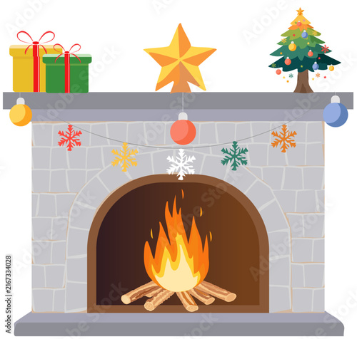 Cozy Winter Fireplace Christmas Tree Gifts Illustration