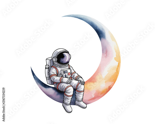 Surreal Watercolor Astronaut on Moon Vector Illustration, Dreamy Space Adventure Concept Isolated on White Background