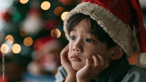 sad boy in Santa hat