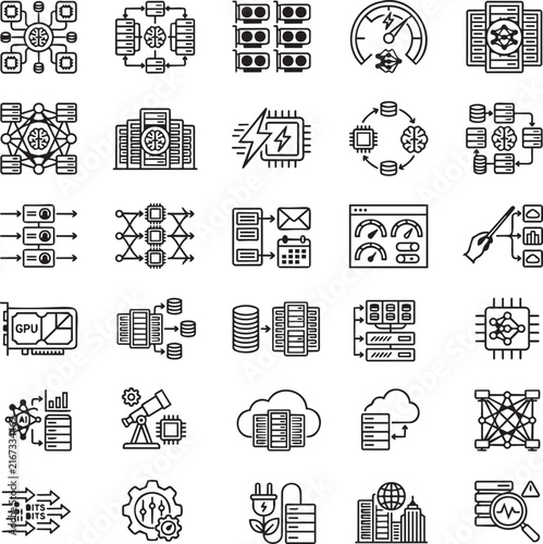 AI Supercomputing Platforms Line Icons Set for High Performance Computing, Machine Learning and Data Centers