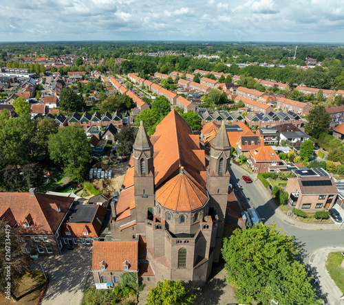 exterior of a church, seen from a drone