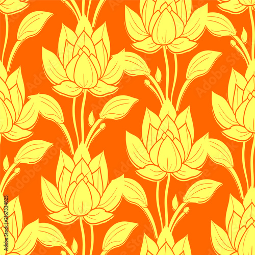 Seamless simple floral pattern with orange and yellow flowers, texture, design