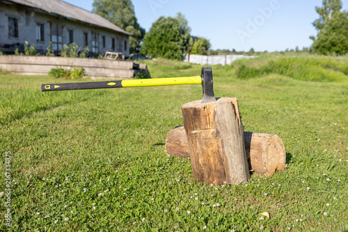 Canvastavla Axe stuck in chopping block with logs on grass outdoors during daytime