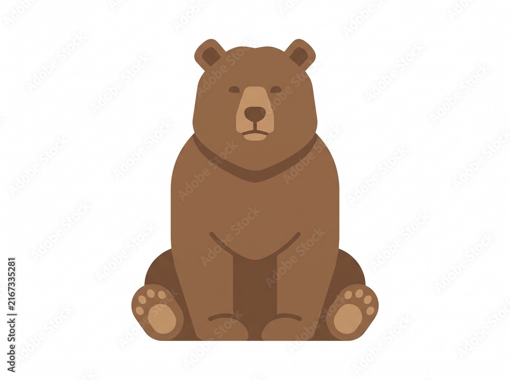 Fototapeta premium Brown grizzly bear sitting, flat 2D vector illustration, minimalist design, solid white background.