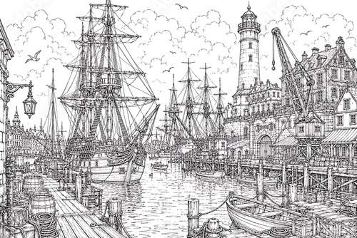 Vintage Harbor Engraving with Tall Ships, vintage harbor, harbor engraving, tall ships, sailing ships, maritime engraving, nautical illustration, vintage maritime, historic harbor, sailing vessel, cla