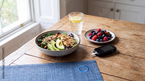 Healthy Food Plate With Unbranded Glucometer And Blue Circle Symbol For Diabetes Nutrition, Blood Sugar Awareness And World Diabetes Day