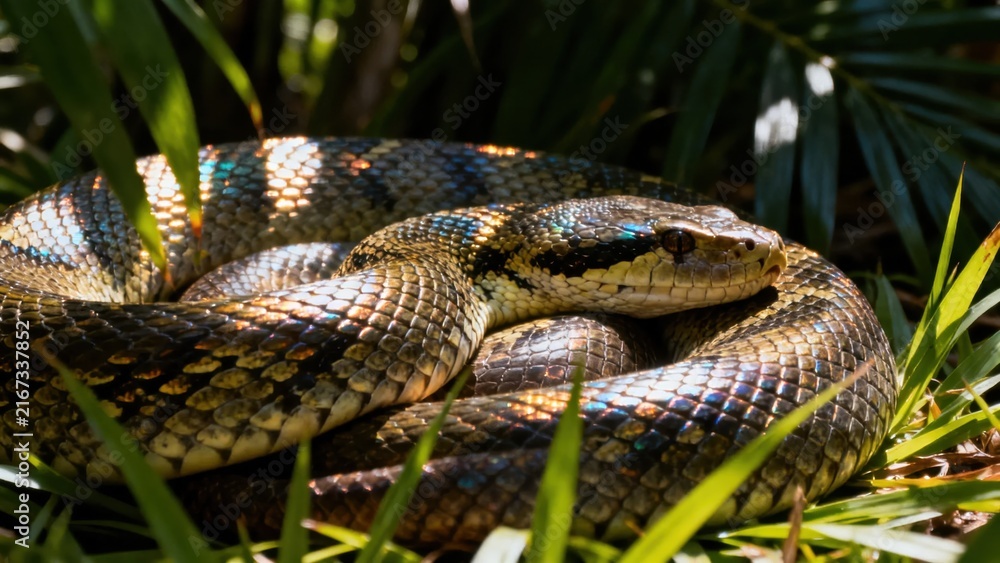 Fototapeta premium A coiled snake with iridescent scales rests among green foliage in a natural habitat.