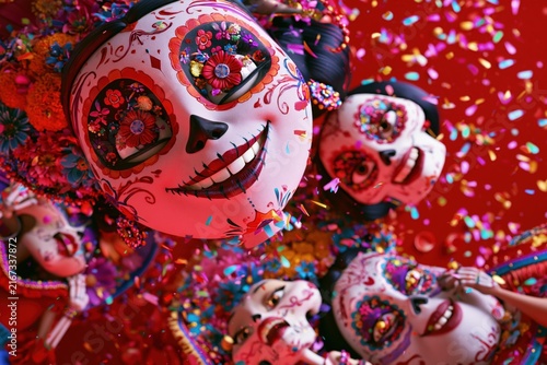 Vibrant Day of the Dead Inspired Sugar Skull Portrait with Floral Ornamentation and Butterfly Face Art on Bold Orange Background