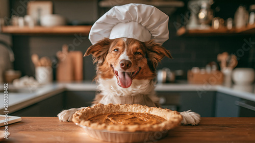 Cute dog in the kitchen with pumpkin pie in front of him