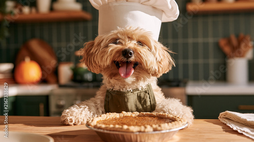 Cute dog in the kitchen with pumpkin pie in front of him