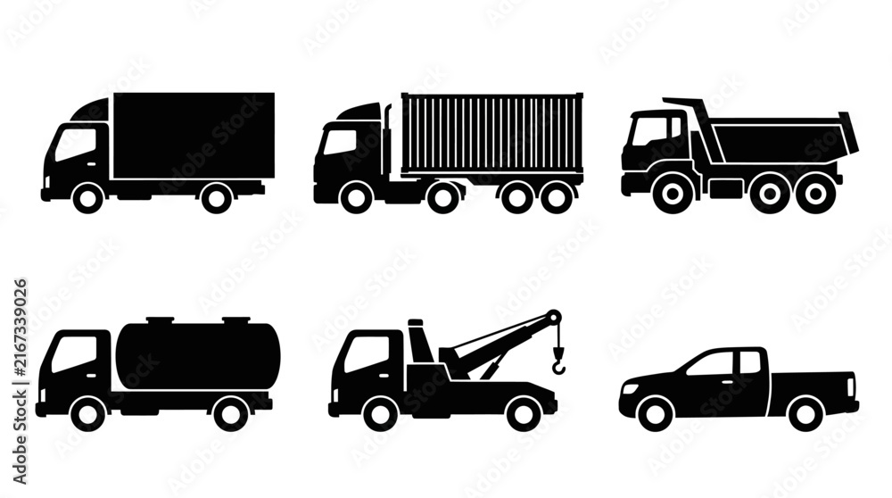 Fototapeta premium Collection Of Various Commercial Utility Vehicles Silhouettes.