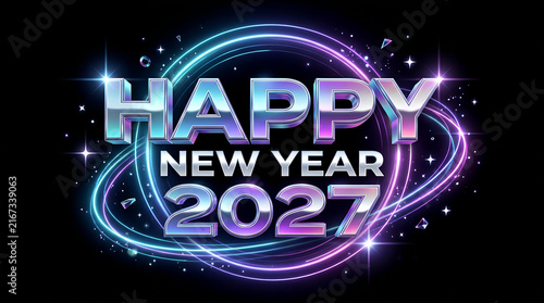 Neon new year 2027 typography with glowing orbital rings against a dark
