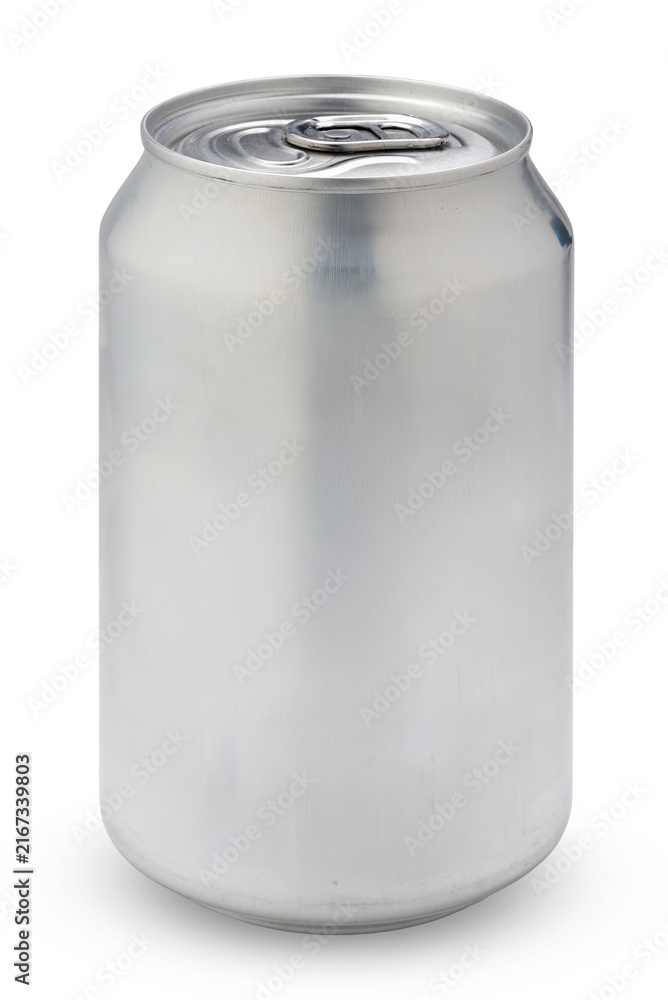 Obraz premium blank silver aluminum soda can mockup isolated on white with clipping path.. Perfect template for branding, package design showcase, and soft drink or beer product presentation.