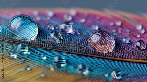 Macro shot of water droplets on a multicolored feather, showcasing refractive qualities and vibrant hues