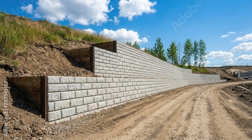 Modern retaining wall with drainage on a hillside, stabilizing soil, managing runoff, and framing a landscaped path.