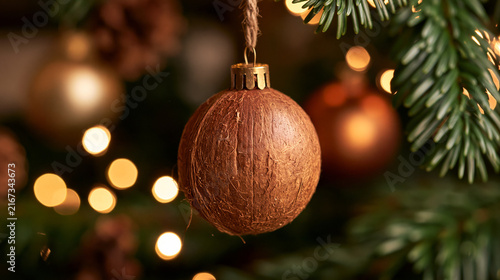 Close-up of a Christmas tree decoration, coconut-shaped toy, Happy New Year and Merry Christmas!