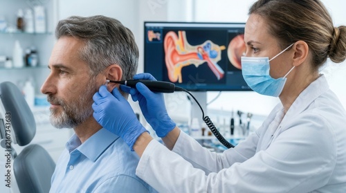 Professional ear wax removal on a male patient by an audiologist using a microsuction device in an ear nose and throat clinic.