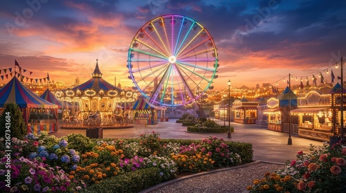 Vibrant amusement park at sunset with Ferris wheel, carousel, and colorful stalls carnival fair