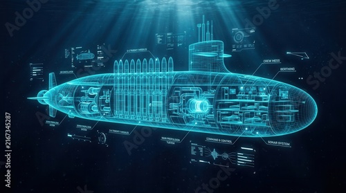 Digital cross-section of a submarine with overlays on propulsion, missile silos, and living spaces in a deep blue underwater setting.