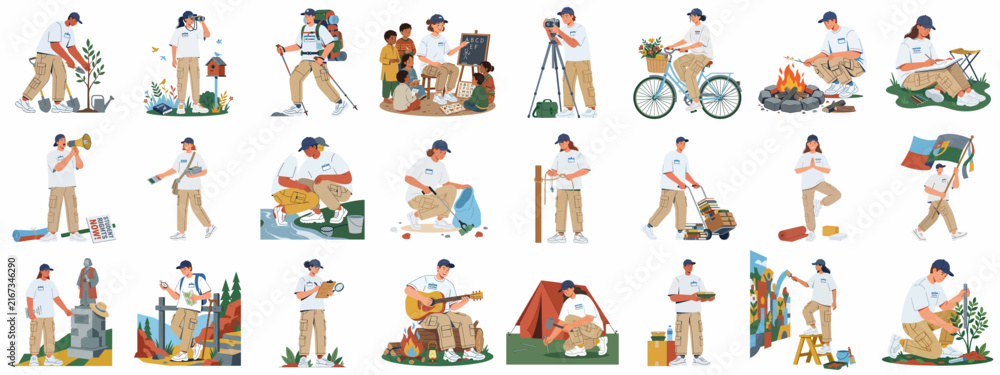 Obraz premium A diverse collection of volunteer and community service illustrations showing characters engaged in environmental, social, and educational activities outdoors.