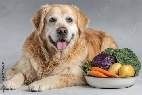 Golden retriever dog lying beside a bowl of fresh vegetables including broccoli, carrots, purple cabbage, and potatoes on a neutral gray background