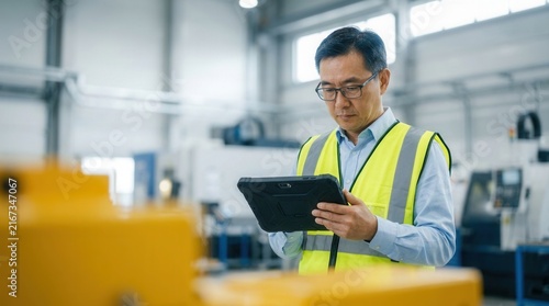 Factory worker wearing reflective vest operating a tablet computer in industrial workshop