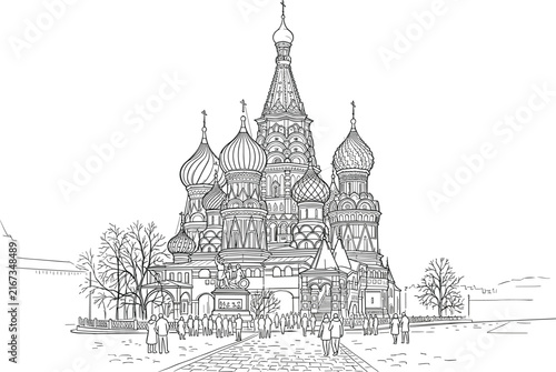 Canvas Print Saint Basils Cathedral in Moscow line art drawing with traditional onion domes o