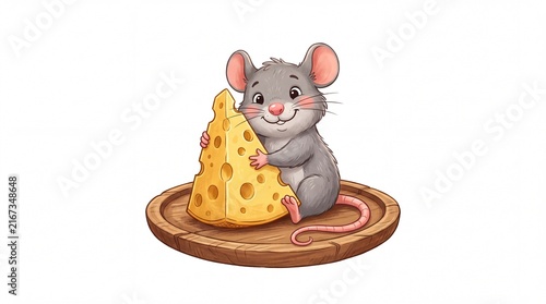 Cute cartoon grey mouse character holding a large wedge of delicious yellow cheese on white background