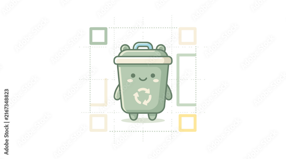 Fototapeta premium Cute cartoon trash can with recycling symbol on QR code