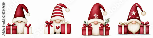 Cute Christmas gnome with red hat and white beard holding gift boxes, festive holiday decoration with joyful and cozy feeling