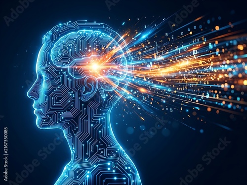 Artificial intelligence concept with human head formed by digital circuits and data streams