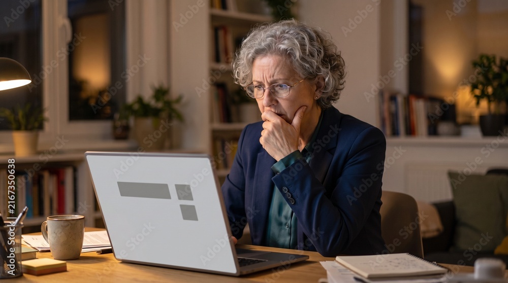 Fototapeta premium Mature woman working late on laptop with thoughtful expression