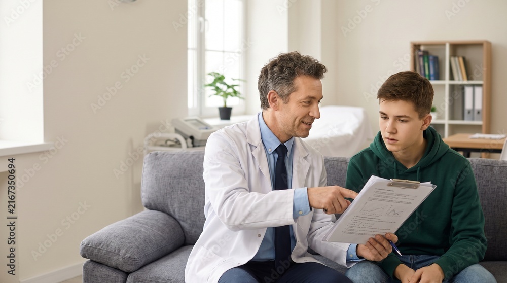 Fototapeta premium Doctor discusses medical results with concerned teenage patient in clinic office