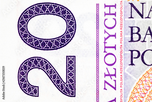 Bild auf Leinwand Extreme macro close-up of the denomination number 20 and decorative guilloche patterns on a Polish 20 zloty banknote
