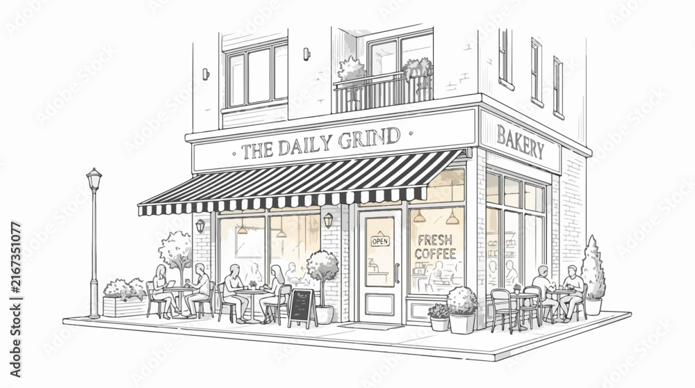 Fototapeta premium Hand-drawn architectural sketch of a cozy corner cafe and bakery shop
