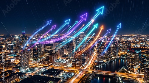 Neon arrows ascend over a vibrant city skyline at night symbolizing growth and success