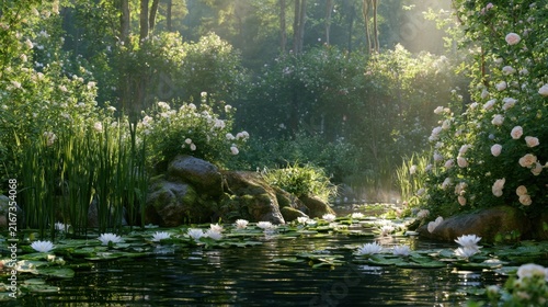 Enchanting secret garden pond filled with floating blooming white water lilies surround by lush green mossy rocks and flowering rose bushes for natural background