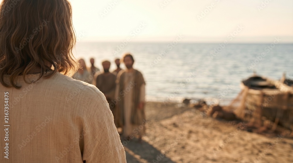 Fototapeta premium Jesus looking at a group of disciples on the beach with copy space right