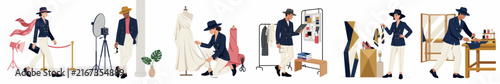 Collection of flat illustrations showing various roles in the fashion industry including designing, tailoring, photography, and runway modeling.