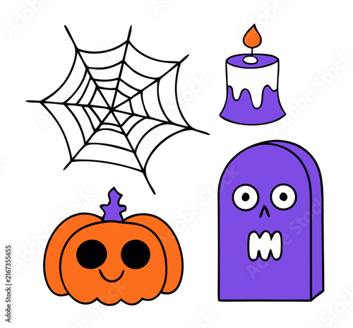 Halloween cartoon elements with pumpkin, candle, spider web, tombstone