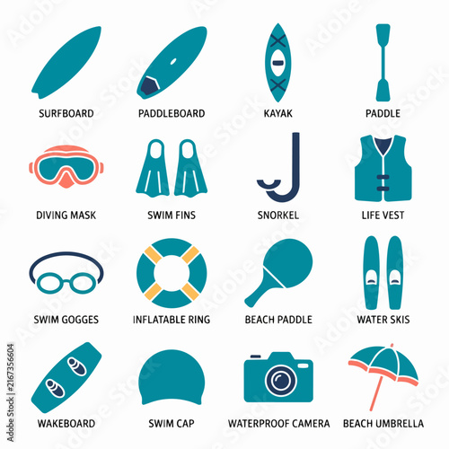 Foto Colorful icons of beach and water sports equipment and accessories