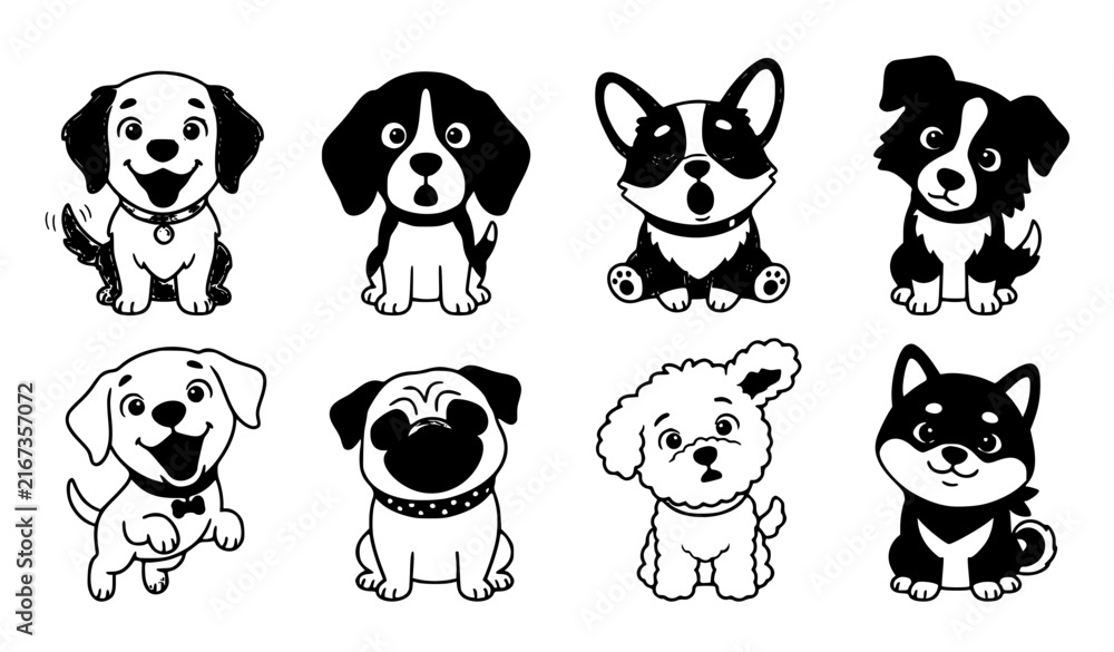 Fototapeta premium Cute Baby Puppy Dogs Cartoon Faces Expressions Vector Character Collection