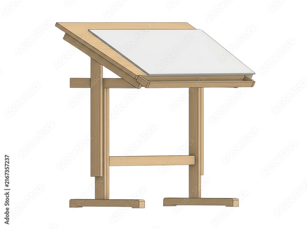 Fototapeta premium Drewniana deska kreślarska z regulowanym blatem na białym tle, idealna do projektowania architektonicznego, rysunku technicznego, ilustracji artystycznych oraz profesjonalnej pracy twórczej.