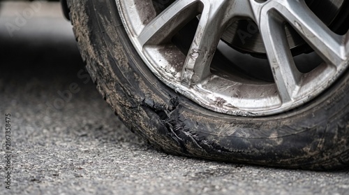 Damaged Car Tire and Scratched Rim on Asphalt