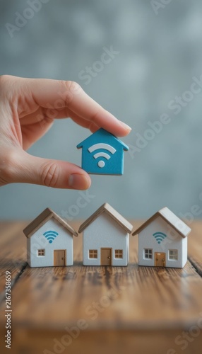 Unas casas en miniatura que muestran iconos de Wifi descansan sobre una mesa de madera, mientras una mano selecciona una de ellas de manera reflexiva